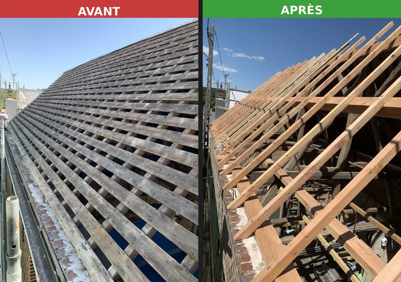 Avant / après — reprise complète de charpente par Camille Couverture