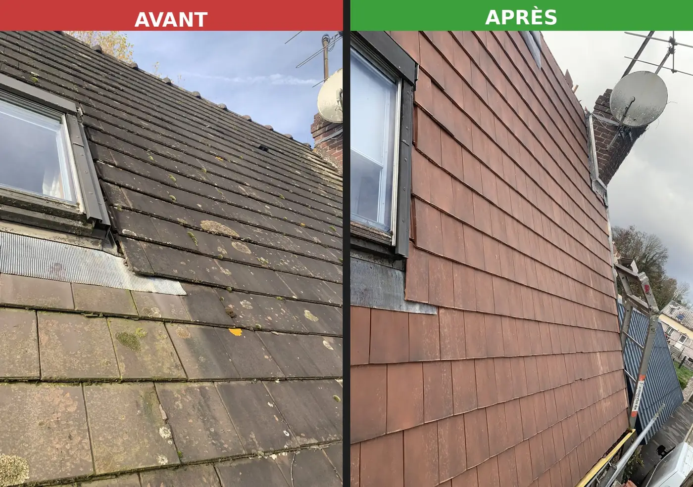 Avant / après — réfection de toiture en tuile plate par Camille Couverture